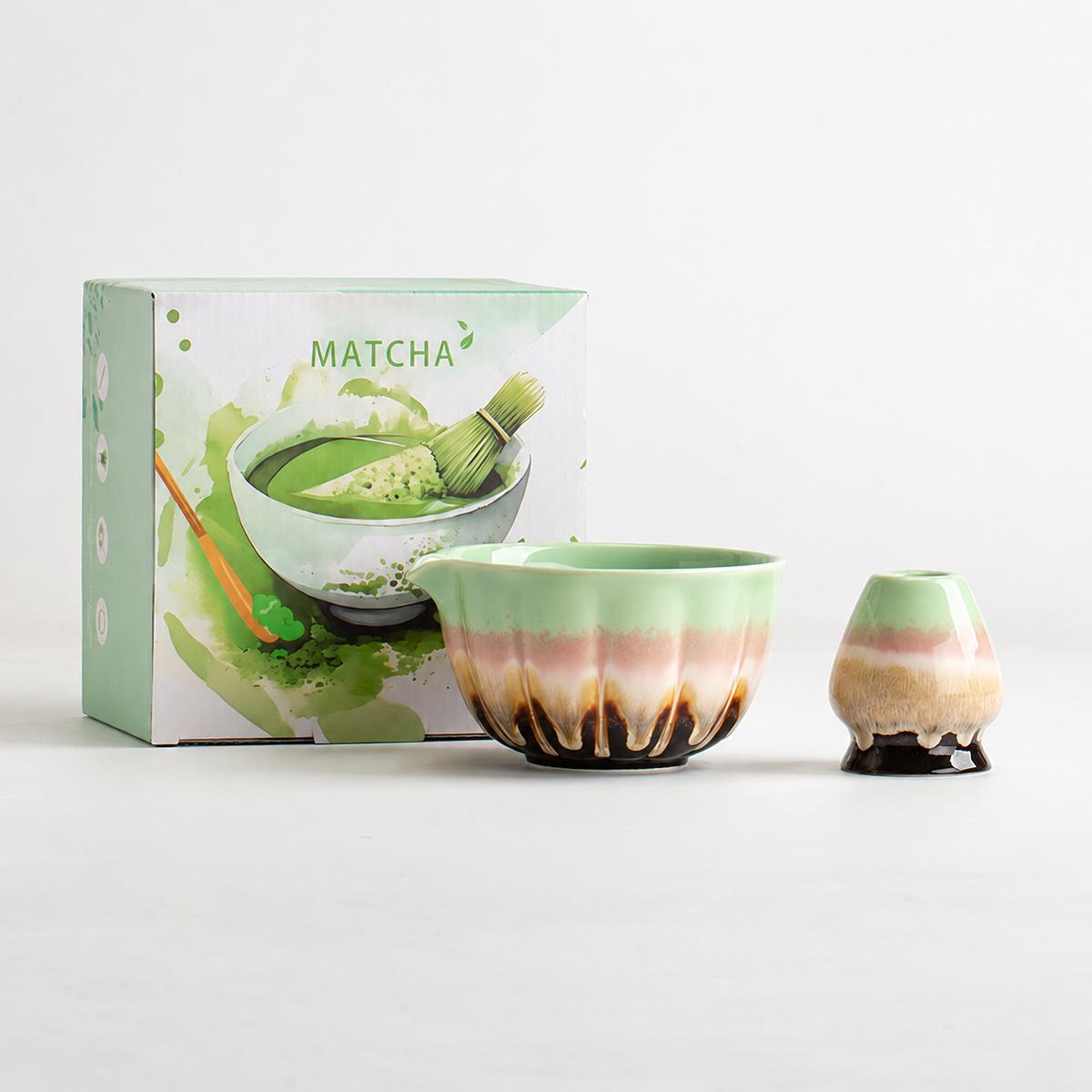 Mint Green / Fluted Bowl matcha bowl and coordinating whisk holder with English retail box