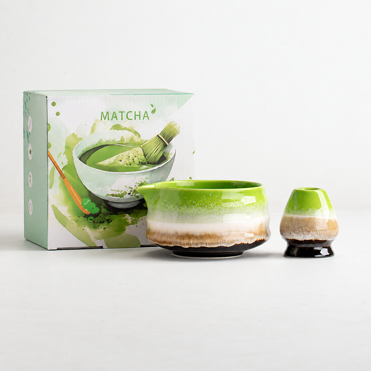 Matcha Green / Banded Bowl matcha bowl and coordinating whisk holder with English retail box