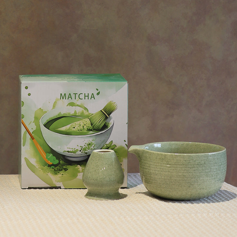 Style 13 - Fine Ridges ceramic matcha bowl and holder with the associated English MATCHA carton