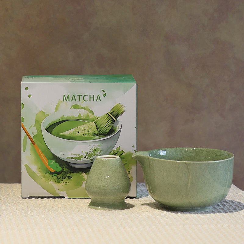 Style 17 - Faceted ceramic matcha bowl and holder with the associated English MATCHA carton