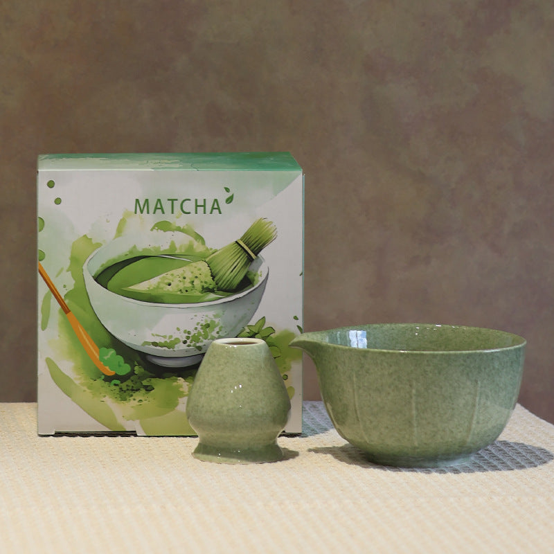 Style 18 - Petal Fluted ceramic matcha bowl and holder with the associated English MATCHA carton