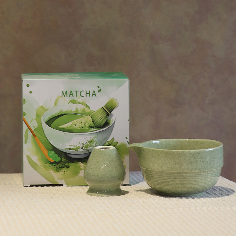 Style 16 - Banded Ridges ceramic matcha bowl and holder with the associated English MATCHA carton