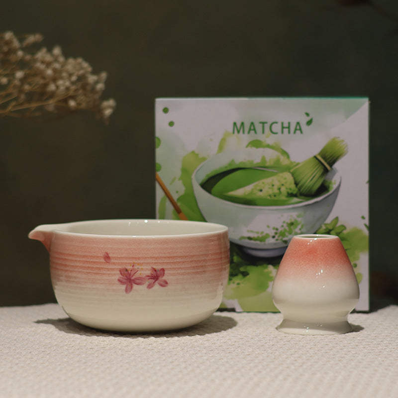 Pink and white blossom fine ridges bowl with matching whisk holder and illustrated MATCHA box