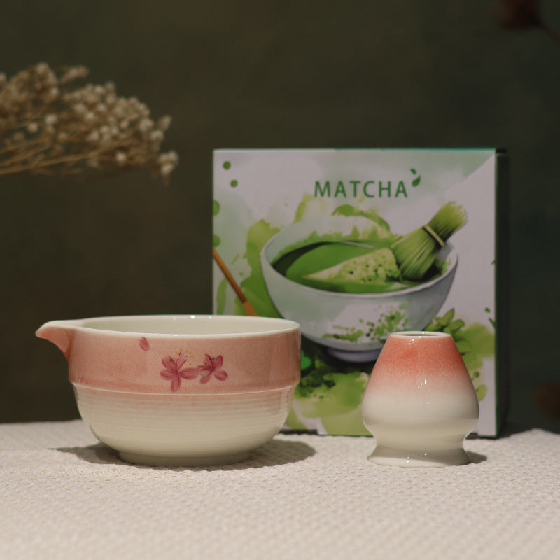 Pink and white blossom smooth band bowl with matching whisk holder and illustrated MATCHA box