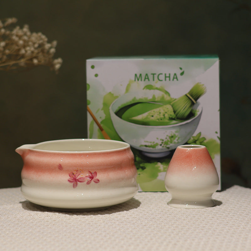 Pink and white blossom rounded ridges bowl with matching whisk holder and illustrated MATCHA box