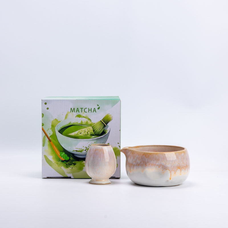 Amber and Cream ceramic matcha bowl and matching whisk holder with its retail box