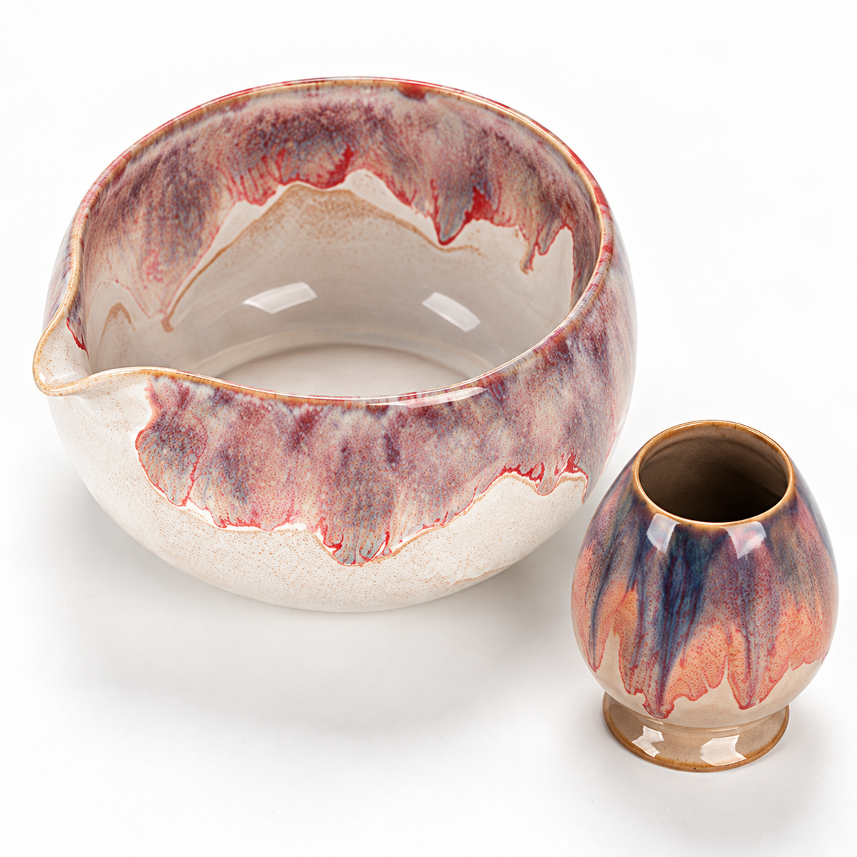 High-angle close-up of the rose and plum bowl interior, pouring spout and matching ceramic holder