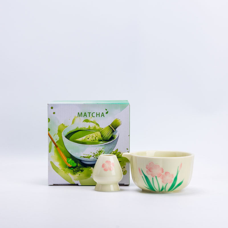 Pink Lily ceramic matcha bowl and holder with the included MATCHA carton