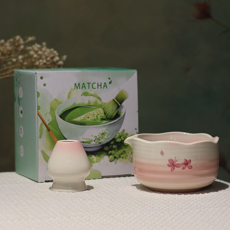 Pink and white scalloped matcha bowl and whisk holder with actual English MATCHA box
