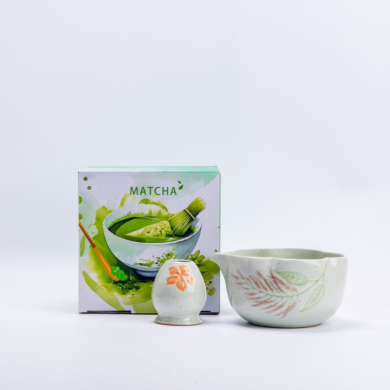 Mauve Fern botanical scalloped matcha bowl and floral holder with illustrated MATCHA box