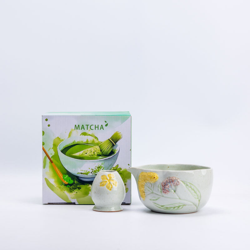 Yellow Hydrangea botanical scalloped matcha bowl and floral holder with illustrated MATCHA box