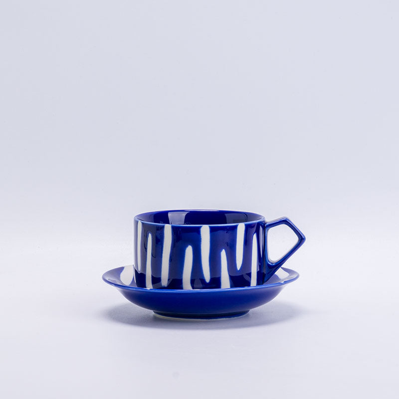 Cobalt Blue / Straight Cup ceramic coffee cup and saucer with cream brushstroke stripes