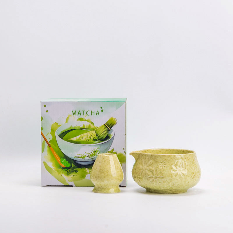 Matcha Green ceramic matcha bowl and matching whisk holder with its retail box