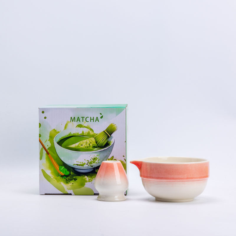 Style 4 - Banded Ridges ceramic matcha bowl and holder with the associated English MATCHA carton