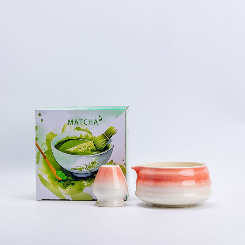 Style 1 - Wide Rings ceramic matcha bowl and holder with the associated English MATCHA carton