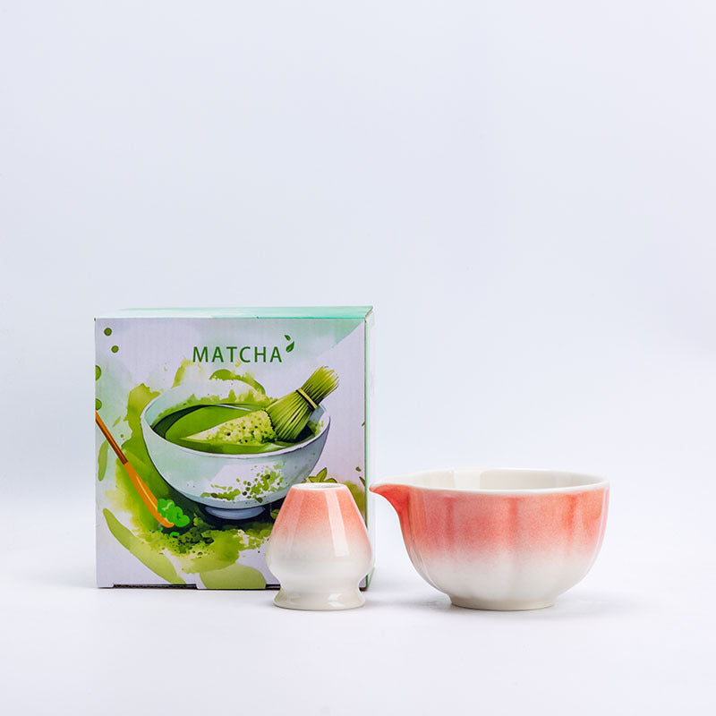 Style 2 - Rounded Petals ceramic matcha bowl and holder with the associated English MATCHA carton